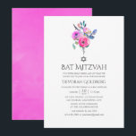 Invitación Bat Floral Mitzvah de acuarela de color rosa calie<br><div class="desc">Sutiles rosas de temática caliente rosada y peonías de mitzvah de murciélago floral con acentos de morado,  turquesa,  azul y violeta.</div>
