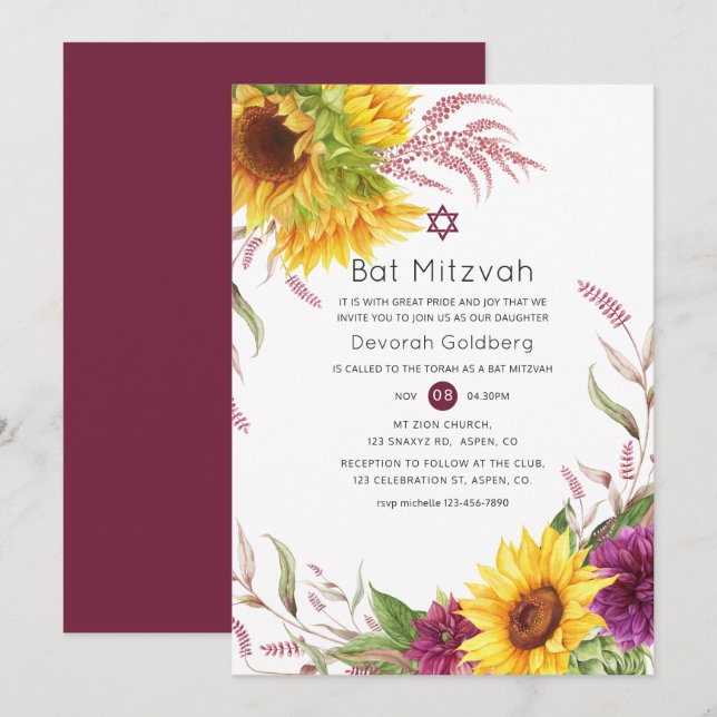 Invitación Bat Floral Mitzvah de cirujanos solares y borgoños (Anverso / Reverso)