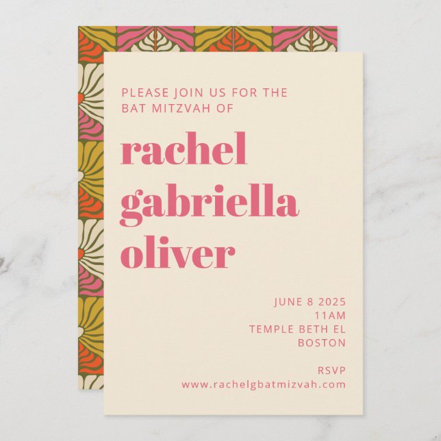 Invitación Bat Floral Mitzvah, Naranja rosa de Groovy 70 (Anverso / Reverso)
