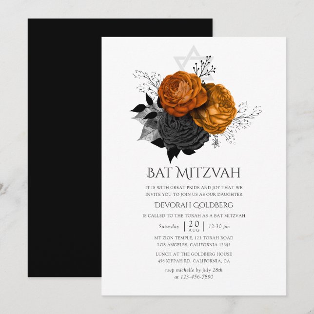Invitación Bat floral negro y Naranja de Halloween Mitzvah (Anverso / Reverso)