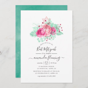 Invitación Bat floral rosa y menta Mitzvah