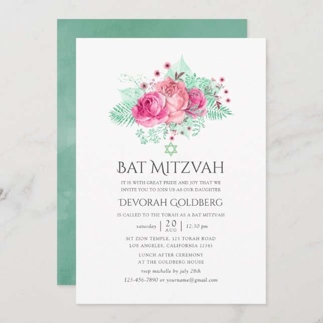 Invitación Bat floral rosa y menta Mitzvah (Anverso / Reverso)