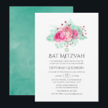 Invitación Bat floral rosa y menta Mitzvah<br><div class="desc">Tarjetas de invitación mitzvah de murciélago rosa de moda con follaje tropical purpurina de menta diseñado para ser rápida y fácilmente personalizable según sus especificaciones del evento.</div>
