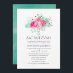 Invitación Bat floral rosa y menta Mitzvah<br><div class="desc">Tarjetas de invitación mitzvah de murciélago rosa de moda con follaje tropical purpurina de menta diseñado para ser rápida y fácilmente personalizable según sus especificaciones del evento.</div>
