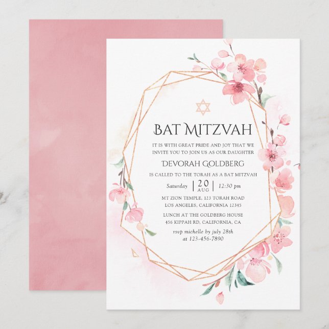 Invitación Bat Geométrico Mitzvah con flores de cerezo rosa (Anverso / Reverso)
