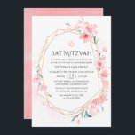 Invitación Bat Geométrico Mitzvah con flores de cerezo rosa<br><div class="desc">El murciélago mitzvah de color acuático rosa sakura bat invita con un marco geométrico de oro subió diseñado para ser rápida y fácilmente personalizado según las especificaciones del evento.</div>