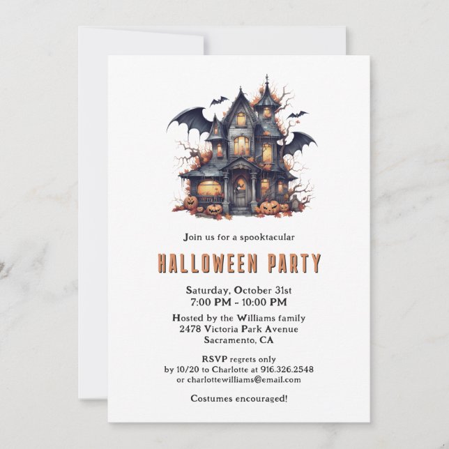 Invitación Bat Haunted House Pumpkins Festejó Halloween Party (Anverso)