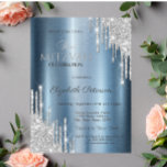 Invitación Bat Metálico Azul Mitzvah purpurina<br><div class="desc">Una invitación moderna,  de moda y glamurosa con goteos purpurinas sobre fondo metálico azul.</div>