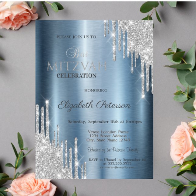 Invitación Bat Metálico Azul Mitzvah purpurina (Subido por el creador)