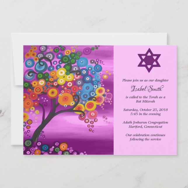 Invitación Bat Mitsvah invita al árbol de la vida (Anverso)