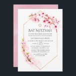 Invitación Bat Mitzvah<br><div class="desc">Invitación mitzvah de murciélago de primavera floral de color acuático rosa con flor de sakura con personalizable de marco geométrico dorado a los detalles de tu evento.</div>