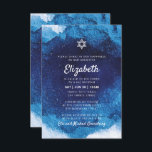 Invitación Bat Mitzvah acuarela azul moderna<br><div class="desc">Compuesto por escritura lúdica y tipografía serif; Todo sobre un fondo de color azul. 

Este diseño está diseñado por Select Fiesta Supplied,  exclusivo para Zazzle.

Disponible aquí:
http://www.zazzle.com/selectpartysupplies</div>