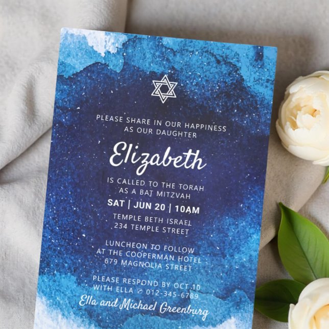 Invitación Bat Mitzvah acuarela azul moderna (Subido por el creador)