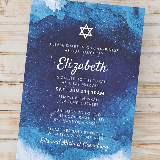 Invitación Bat Mitzvah acuarela azul moderna (Subido por el creador)