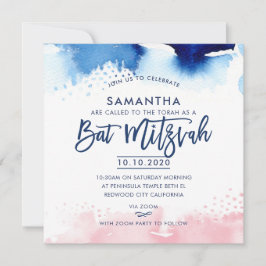 Invitación BAT MITZVAH acuarela con letras a mano azul y rosa