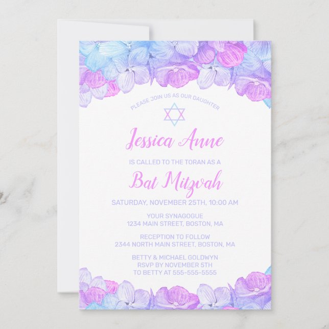 Invitación Bat Mitzvah Acuarela Floral Azul rosa Hidrangea (Anverso)