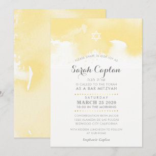Invitación BAT MITZVAH acuarela moderna color gris amarillo p
