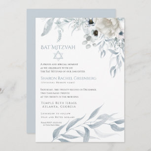 Invitación Bat Mitzvah Agua moderna Dusty Floral Azul