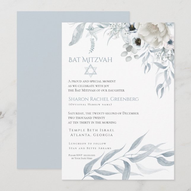 Invitación Bat Mitzvah Agua moderna Dusty Floral Azul (Anverso / Reverso)