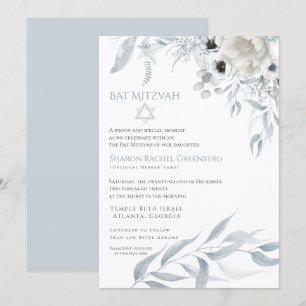 Invitación Bat Mitzvah Agua moderna Dusty Floral Azul