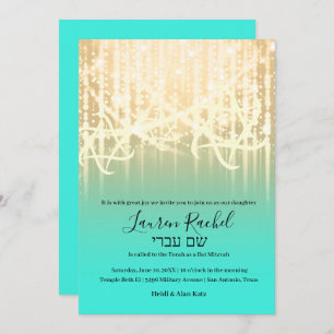 Invitación Bat Mitzvah Aqua Gold Sparkly Luces
