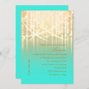 Invitación Bat Mitzvah Aqua Green and Gold Sparkly Luces