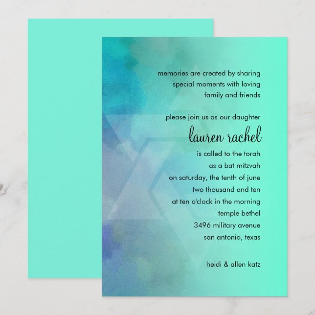 Invitación Bat Mitzvah Aqua y Estrella Azul de David (Anverso / Reverso)