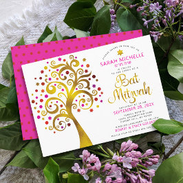 Invitación Bat Mitzvah Árbol de escritura de Relieve metaliza