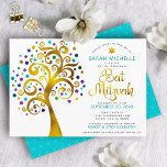 Invitación Bat Mitzvah Árbol de oro moderno turquesa<br><div class="desc">¡Estén orgullosos, regocijaos y exhiban este hito de su Bat Mitzvah favorito! Este gráfico árbol de Relieve metalizado dorado falso con estrella de David brillante, turquesa, verde azulada, morada y azul y "hojas" de punto sobre un fondo blanco es la invitación perfecta para esta ocasión especial. En la parte trasera...</div>