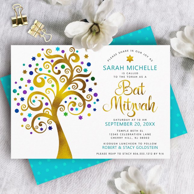 Invitación Bat Mitzvah Árbol de oro moderno turquesa (Subido por el creador)