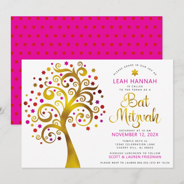 Invitación Bat Mitzvah Árbol de Relieve metalizado dorado roj (Anverso / Reverso)