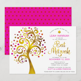 Invitación Bat Mitzvah Árbol de Relieve metalizado dorado roj