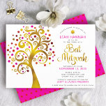Invitación Bat Mitzvah Árbol de Relieve metalizado dorado roj<br><div class="desc">¡Estén orgullosos, regocijaos y exhiban este hito de su Bat Mitzvah favorito! Este gráfico árbol de Relieve metalizado dorado falso con brillantes rosas, naranjas y rojas Estrella de David y "hojas" de punto en un fondo blanco es la invitación perfecta para esta ocasión especial. Un diminuto y oscuro patrón de...</div>