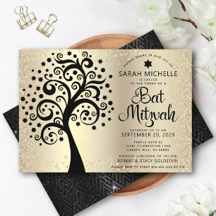 Invitación Bat Mitzvah Árbol Negro de la Vida Escritura con H