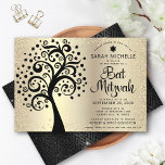 Invitación Bat Mitzvah Árbol negro de la vida Relieve metaliz<br><div class="desc">¡Estén orgullosos, regocijaos y exhiban este hito de su Bat Mitzvah favorito! Este gráfico árbol negro con las "hojas" de Star of David y las "hojas" de los puntos, junto con el guión de la caligrafía negra, todo en un sofisticado, falso purpurina de oro y fondo sombrío de Relieve metalizado,...</div>