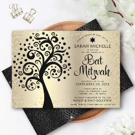 Invitación Bat Mitzvah Árbol negro de la vida Relieve metaliz