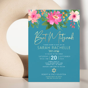 Invitación Bat Mitzvah Azul Dorado Script Floral Acuarela
