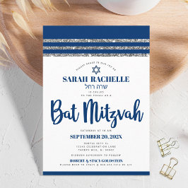 Invitación Bat Mitzvah Azul Marino Talit Alto Simple Moderno