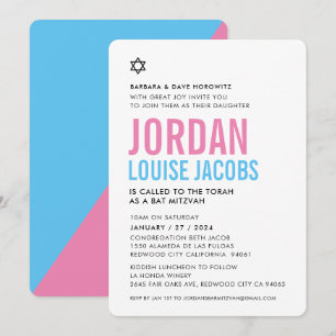 Invitación BAT MITZVAH azul rosa básico básico moderno negrit