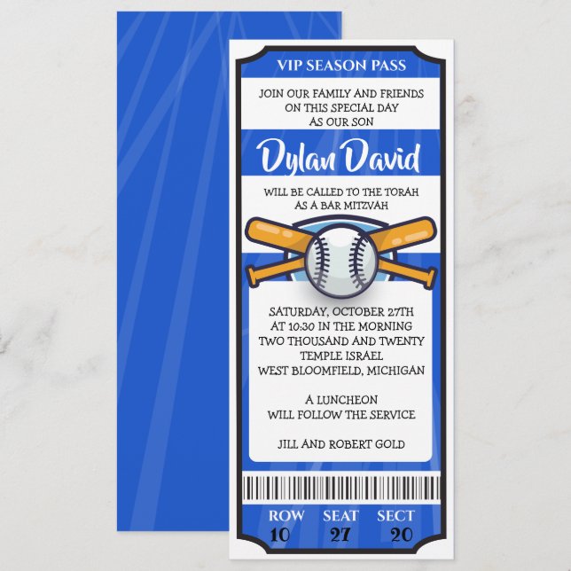 Invitación Bat Mitzvah Bar BASEBALL TICKET (Anverso / Reverso)