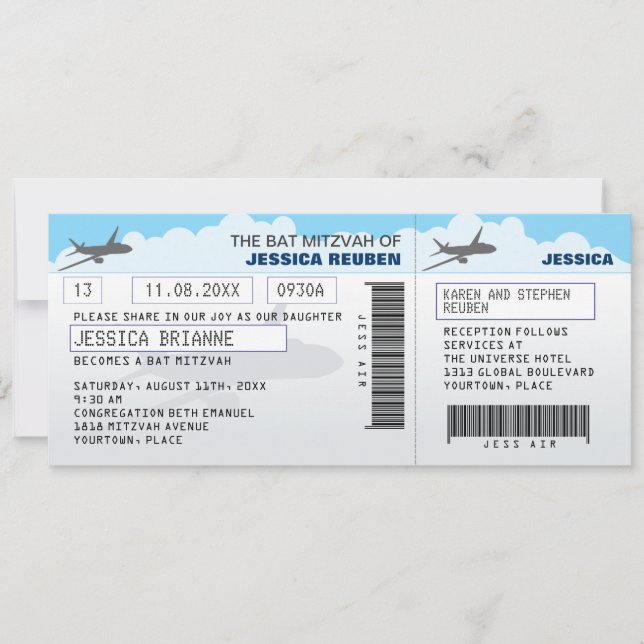 Invitación Bat Mitzvah, bar de entradas de la aerolínea (Anverso)