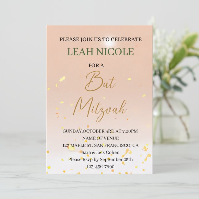 Invitación Bat Mitzvah, Bar Mitzvah Cumpleaños Purpurina Oro  (Anverso de pie)