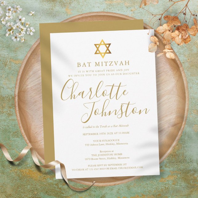 Invitación Bat Mitzvah, Bar Mitzvah Guión moderno de oro (Bat Mitzvah, Bar Mitzvah Modern Gold Script Invitation)