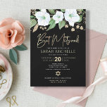 Invitación Bat Mitzvah Black Gold Floral Watercolor Script<br><div class="desc">Estar orgulloso, regocijarse y mostrar este hito de su Bat Mitzvah favorito con esta sofisticada y personalizada invitación! Una moda, impresionante, blanca y dorada purpurina acuarela floral con una tipografía de escritura de Relieve metalizado de oro falsa y tipo san serif blanco, sobrepone un espectacular fondo negro. Flores acuáticas adicionales...</div>