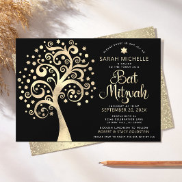 Invitación Bat Mitzvah Black Gold Foil Tree of Life Script 