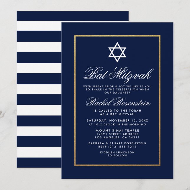 Invitación Bat Mitzvah Blue and White Stripes Gold (Anverso / Reverso)