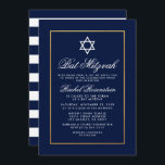 Invitación Bat Mitzvah Blue and White Stripes Gold<br><div class="desc">Tarjeta de invitación azul y dorada Bat Mitzvah - Retirada hacia atrás</div>