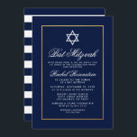 Invitación Bat Mitzvah Blue and White Stripes Gold<br><div class="desc">Tarjeta de invitación azul y dorada Bat Mitzvah - Retirada hacia atrás</div>