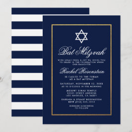 Invitación Bat Mitzvah Blue and White Stripes Gold