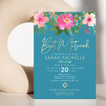 Invitación Bat Mitzvah Blue Gold Script Floral Watercolor<br><div class="desc">Estar orgulloso, regocijarse y mostrar este hito de su Bat Mitzvah favorito con esta sofisticada y personalizada invitación! Una acuarela floral de moda, impresionante, rosa y melocotón, con una tipografía de Relieve metalizado dorado falso y serif blanco moderno, superponen un polvoriento fondo azul turquesa verde azulado. Personalice el texto del...</div>